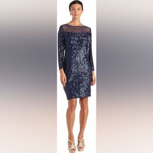 NWT R & M Richards Sequin Long Sleeve Knee-Length Evening Dress Navy Blue 20w